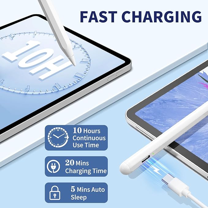 iPad Apple Pencil 9th&10th Generation, Fast Charge Stylus Pen for Palm Rejection and Tilt Sensitivity, Compatible with iPad Pro 11/12.9in, Mini 5/6, iPad 6/7/8/9/10, Air 3/4/5 (White)