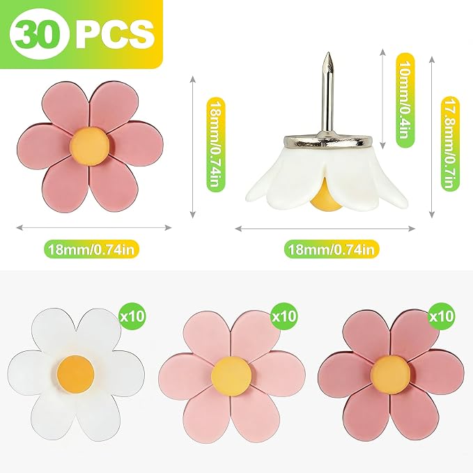 30 Pcs Flower Push Pins Decorative Thumb Tacks for Cork Board Bulletin Board Photo Wall Office School Supplies Colorful Floral Tacks for Decoration