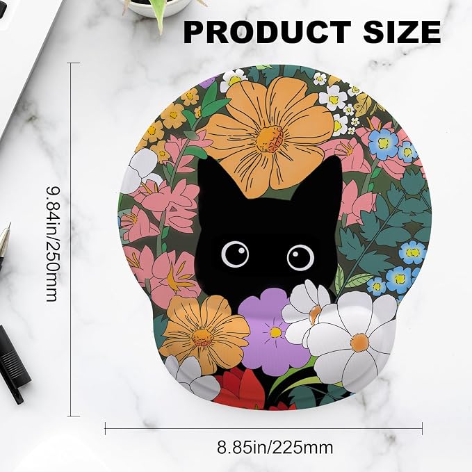 Black cat Mouse Pad with Gel Wrist Support, Smooth Surface Ergonomic Mouse pad, Non-Slip Pain Relief Desk Mat for Gaming, Work & Office Desktop