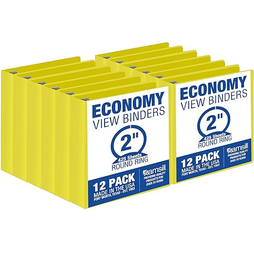 Samsill 2 Inch 3 Ring Binders, Economy Round Ring, Clear View Cover, 425 Sheet Capacity - for School, Home, Office - Yellow, 12 Pack
