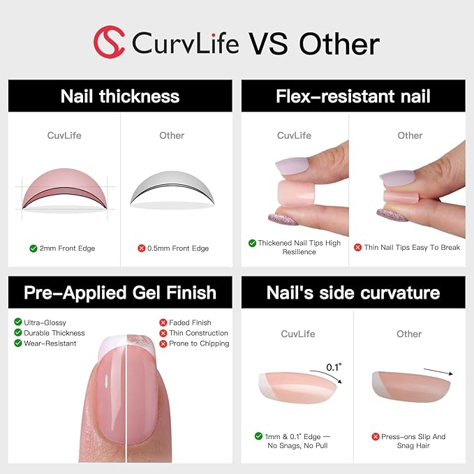 Curvlife Press on Nail, Gel Nail Tips, Red Almond Style Full Cover Design Reusable Fake Nails Kit with Glue and Adhesive Tabs