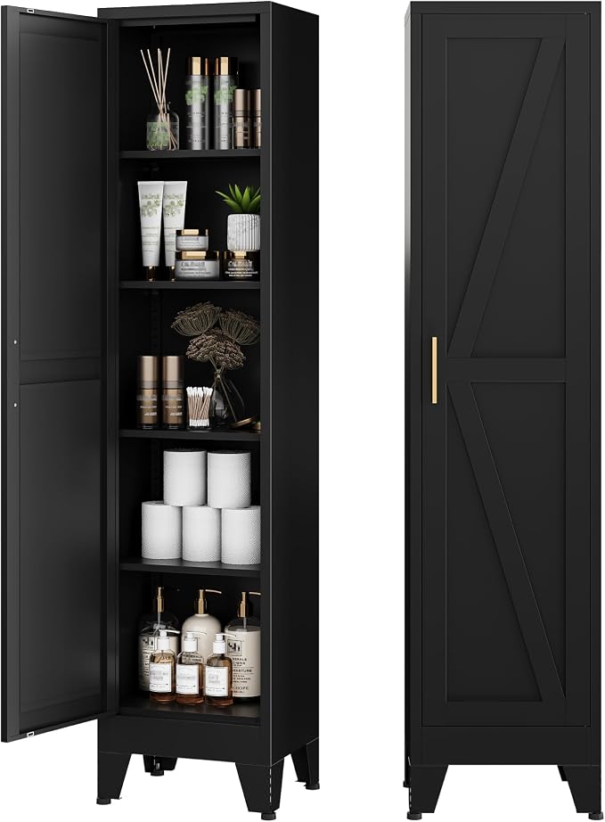 COFaR Tall Bathroom Cabinet, Metal Farmhouse Narrow Slim Storage Cabinet with Adjustable Shelves Barn Door for Bathrooms, Kitchens, Entrances Living Room (Black)