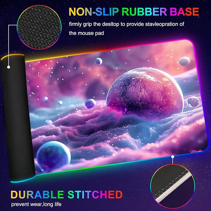 Large RGB Gaming Mouse Pad, Led Big Mouse mat with 14 Light Modes, Extended Soft Computer Keyboard Mat Non-Slip Rubber Base, Colorful Purple Ball