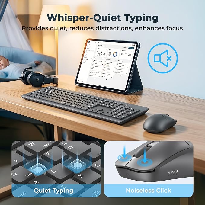 Wireless Keyboard and Mouse, 2.4GHz/Bluetooth Quiet Full Size Set, Gray | Dual-mode Bluetooth and 2.4GHz connection with a 3200 DPI adjustable mouse and extended battery life for daily use