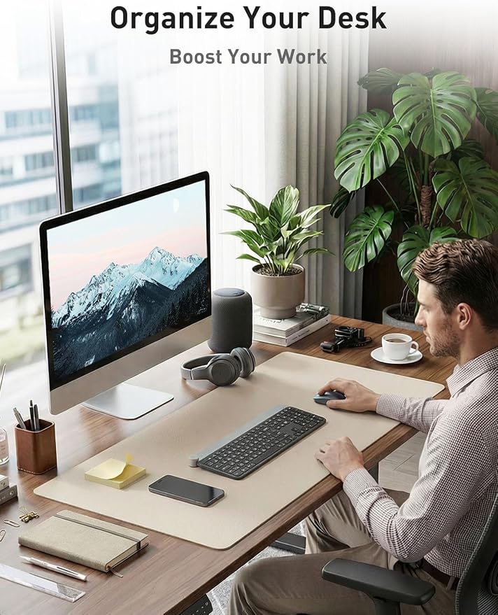 Aothia Faux Leather Desk Mat - Non-Slip PU Leather Desk Blotter, Waterproof Writing Surface, Large Desk Pad for Office & Home (Eggshell, 55" x 24")