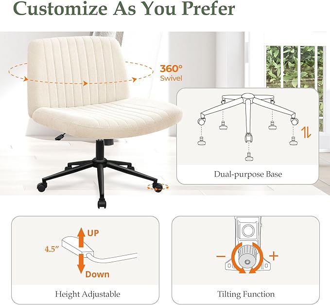 Orange Factory Criss Cross Chair Wheels Wide Cross Legged Office Desk Vanity Dual Base Comfy Fabric Armless Adjustable Swivel for Home Computer Task (Beige Dual Base, Fabric)
