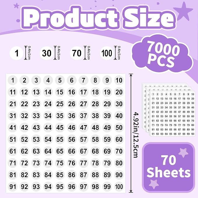 7000Pcs Number Stickers Small 1 to 100 Round Numbered Stickers,White | 0.4 Inch Self Adhesive,Consecutive Labels Stickers,for Storage Organizing,Inventory,Office,Home,Indoor Outdoor