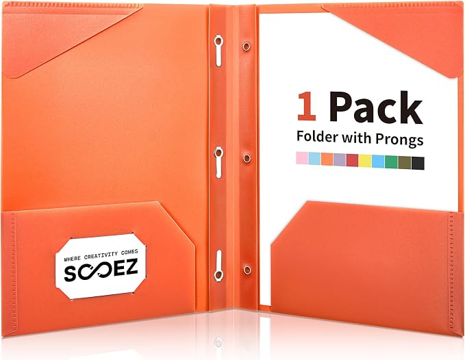Sooez 1 Pack Plastic Folder, 2-Pocket Folders with Prongs | Fit Letter Size Paper, Sturdy 3 Prong File Folders for Documents, Folders with Pockets Back to School Supplies for Kids