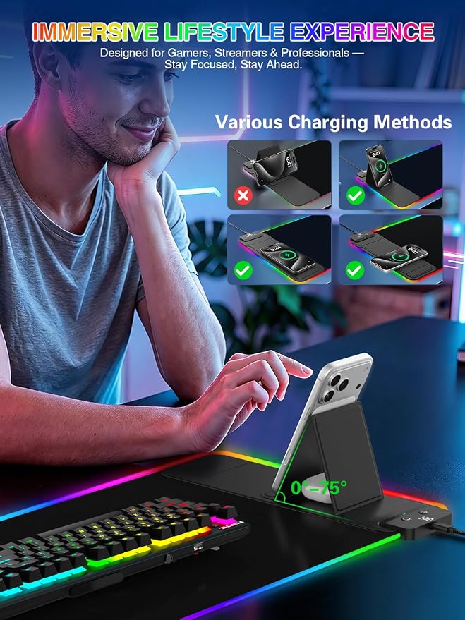 RGB Mouse Pad with Foldable Phone Stand Wireless Charger, 31.5"x11.8" XL Gaming Mousepad Large Desk Mat, Desk Pad with 11 Colors 5 Modes, Waterproof