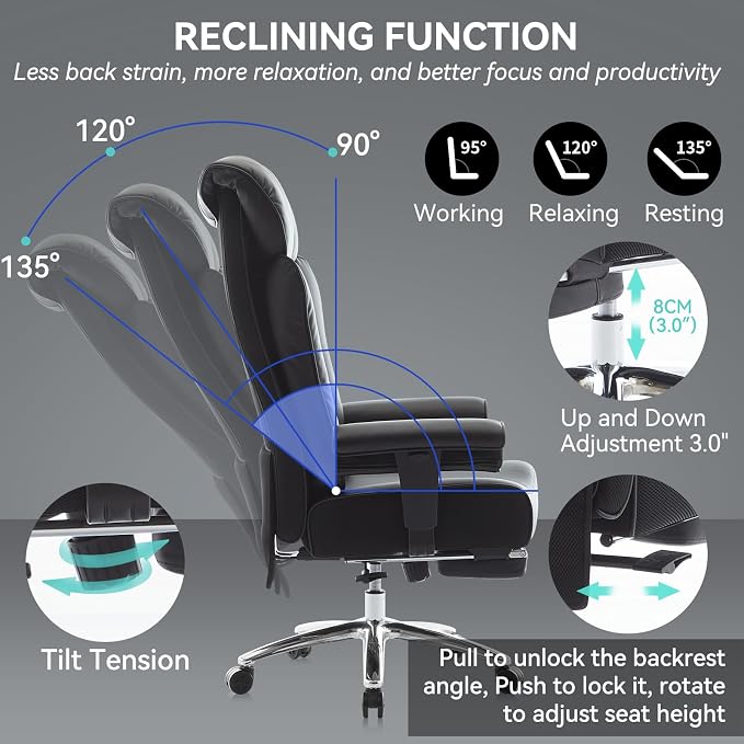 Efomao Big and Tall Executive Office Chair 450lbs,Black | 5.9" Thick Pocket Spring Cushion, Reclining Breathable PU Leather Desk Chair with Foot Rest, Soft Comfortable Support