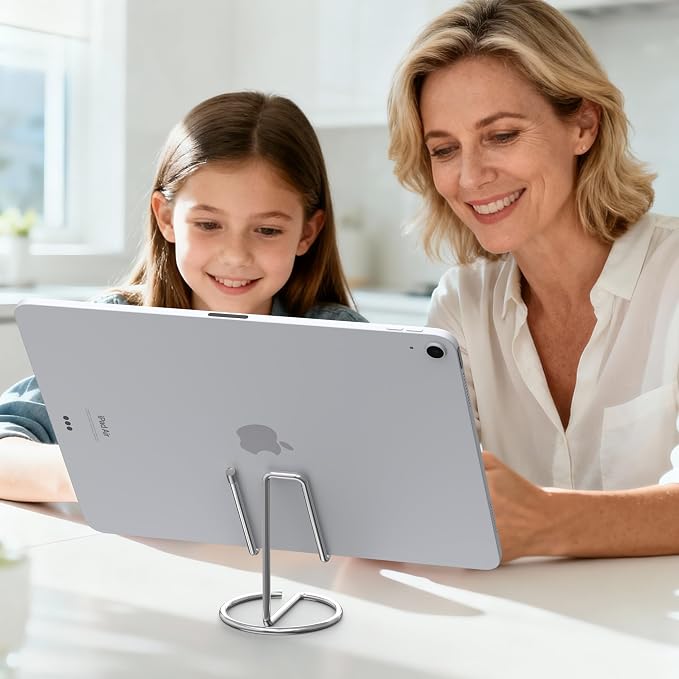Metal Cell Phone Stand for Desk, Cute One-Piece Phone Holder, Stable Desktop Display Dock for iPhone, iPad, Samsung, Tablets & All Mobile Phones, Silver