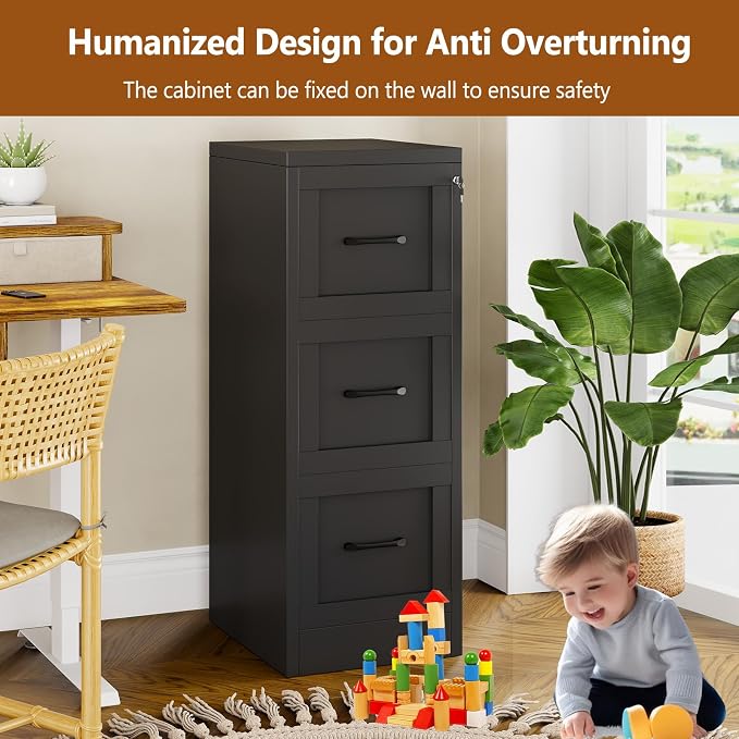 3 Drawer Metal File Cabinet with Lock,Narrow Vertical Filing Storage Cabinets,Steel File Organization for Legal/Letter/A4/F4 Size with Hanging Files,Lockable File Folders for Home Office, Black