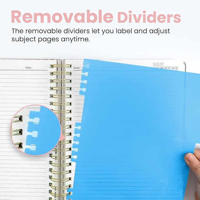 Large Spiral Notebooks for Work 5 Subject with Removable Dividers | 8.5" x 11" Pretty Hardcover Notebook Journal for Women, College Ruled, Perfect for Study & Office , 280 Pages, Rosette Bow