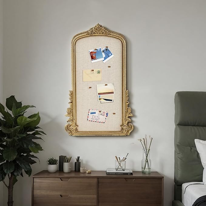 Vintage Framed Pin Board Linen Display Bulletin Board Large Ornate Fabric Picture Photo Pinboard Memo Decorative Prayer Pinboard Ornate for Wall Gift(Arch,19" X 31",Gold)