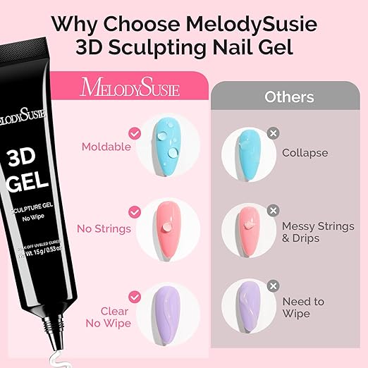 MelodySusie 3D Nail Gel for Sculpting, Clear Nail Art Glue for Drawing, Charms, Rhinestones Chrome Powder No Wipe UV/LED Light Cured Sculpting Gel for 3D Nail Art Designs Salon DIY Use 2PCS