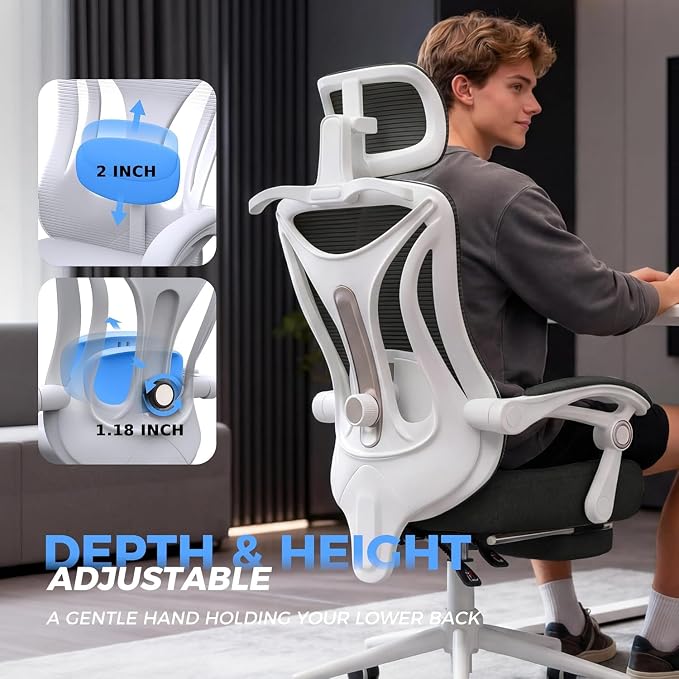 CYKOV Ergonomic Office Chair with Footrest - Adjustable Lumbar Support & Headrest, 90-135° Reclining Mesh Back Computer Chair - Home Office/Gaming, 350lbs Capacity | 4-Way Headrest (4.72" + 60°), 2-Way Lumbar (2" + 1.18"), 90-135° Recline, Breathable M...