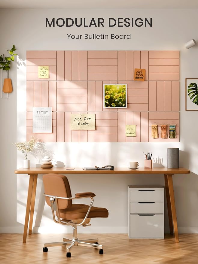 Bumusty 36" x 24" Large Cork Board Alternative, Pink | 6-Pack Felt Bulletin Board Tiles, 60 Adhesive Tabs, 30 Pushpins, Home, Office, Classroom, Vision Board