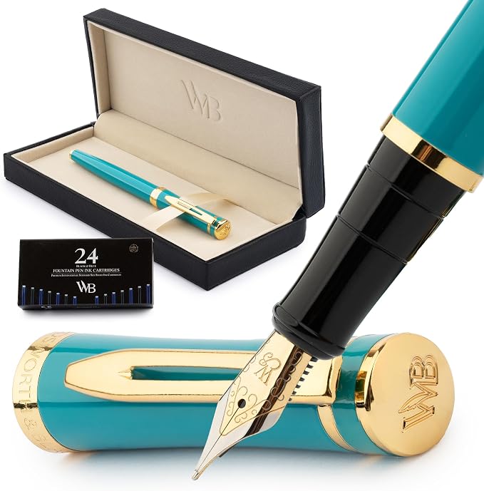 Wordsworth & Black Fountain Pen Set for Writing, Medium Nib, Turquoise | Gift for Men & Women, Brass Body, 18K German Iridium, Calligraphy, Converter + 24 Ink Cartridges, Refillable, Leak-Free