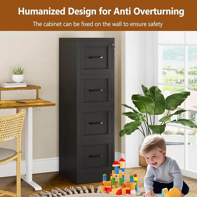 4 Drawer Metal File Cabinet with Lock,Narrow Vertical Filing Storage Cabinets,Steel File Organization for Legal/Letter/A4/F4 Size with Hanging Files,Lockable File Folders for Home Office, Black