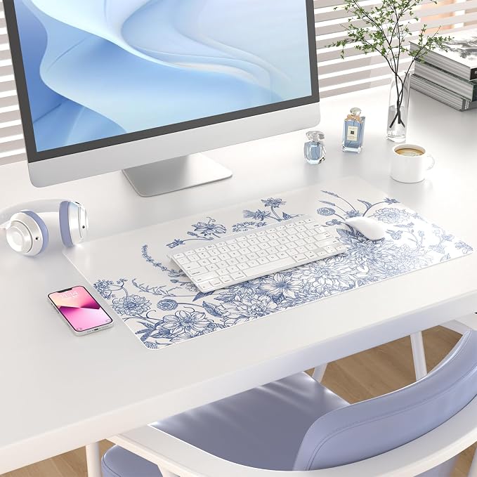 Faux Leather Large Mouse Pad, Office Desk Mat, 23.6"x13.8", Blue Flowers | Desk Décor Accessories, Extended Size, Waterproof & Easy to Clean, Smooth Surface, Non Slip Desk Organization