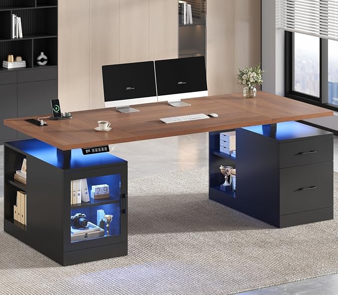 71 in Executive Standing Desk, Electric Height Adjustable Desk with Storage Drawers, Glass Cabinet, Shelves, Power Outlet, LED Light, Wood Sit Stand up Computer Desks for Home Office (Black)