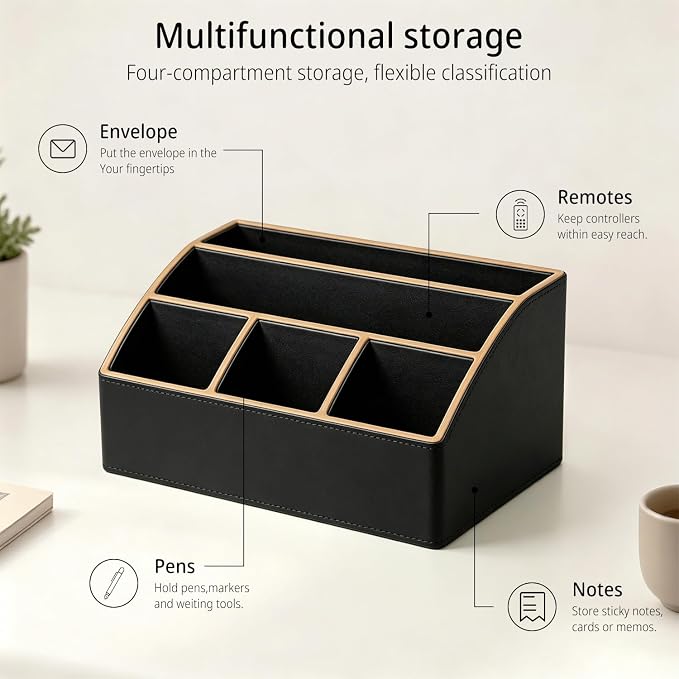 TV Remote Control Holder, Mail Organizer Countertop, Office Bill Sorter | PU Leather Aesthetic 5-Slot Pen/Pencil Caddy, Art Supplies Storage Box for Makeup Brushes, Nightstand Accessories Home Decor