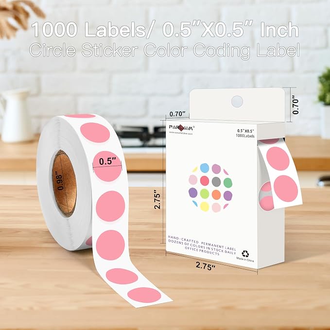 PARLAIM 1/2 Inch Circle Sticker Labels,1000 Stickers Round Color Coding Circle Dots Stickers,Roll Dot Stickers Label for Office Home Office(Pink)
