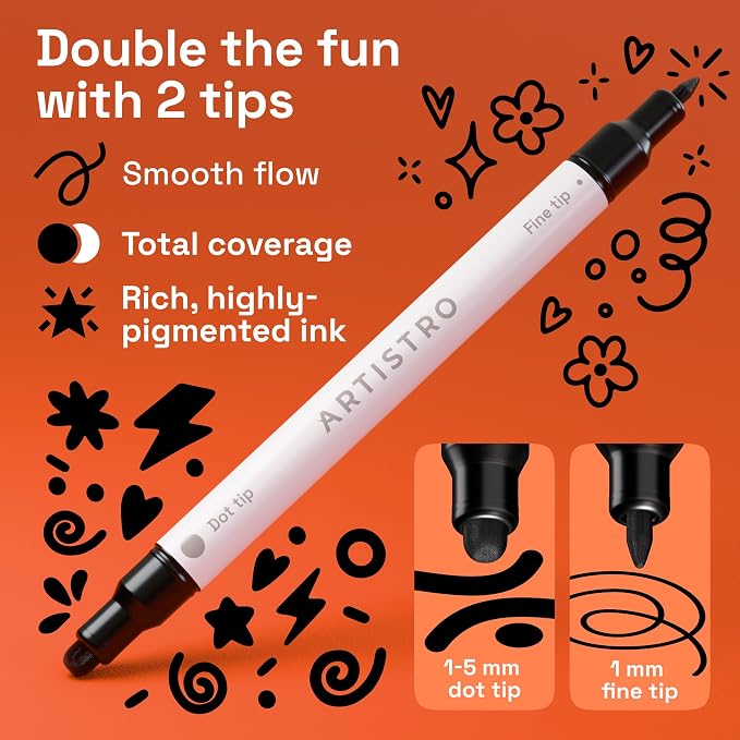ARTISTRO Black Dual-Tip Acrylic Paint Marker Pens - Set of 12 | For Fabric, Rock, Glass, Wood, & Coloring Books, Arts & Crafts Gift, Classroom Must Haves & School Supplies (Dot & Fine Tips)