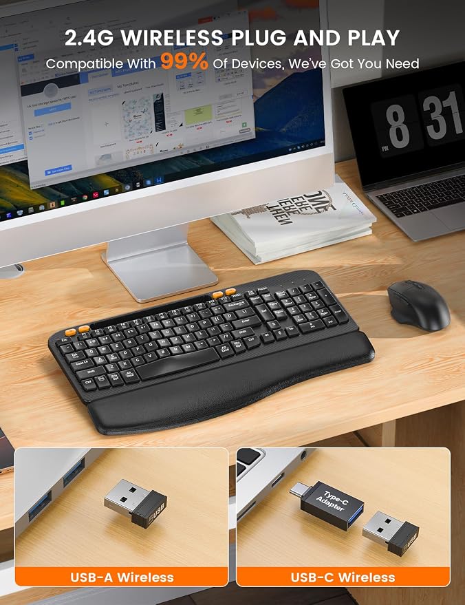 Ergonomic Wireless Keyboard and Mouse Combo with Wave Key | Leather Soft Palm Rest, Rechargeable, 4-Level DPI, Phone Holder, 2.4GHz, MA22 Plus Full Size Set for PC, Laptop, Windows, Mac