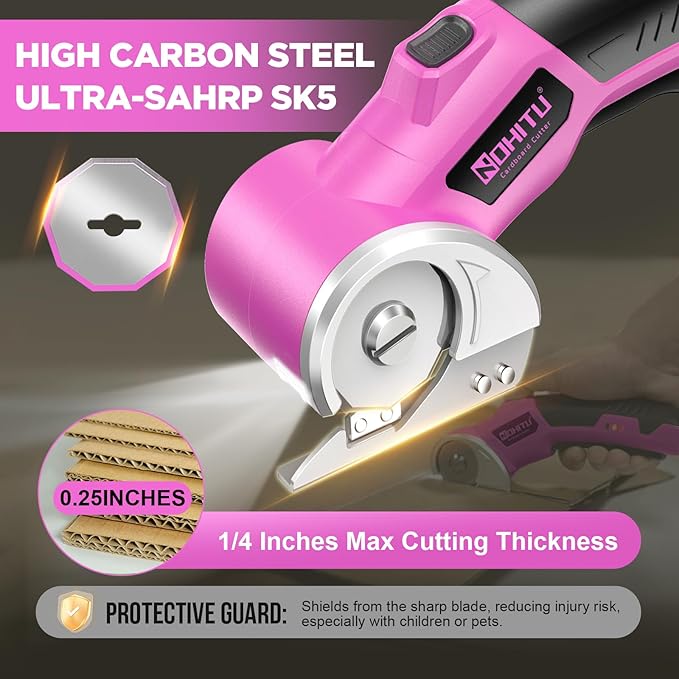 Cardboard Cutter: 4V Rechargeable Rotary Electric Box Cutter, 3000mAh Battery, with LED Light & Safety Lock, 2 Blades, Cordless Electric Scissorsfor Fabric Carpet Carton Plastic Leather Cloth (Pink)