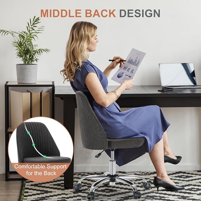 DUMOS Home Office Chair, Comfy Desk Chair with Rolling Wheels | Armless Height Adjustable, Wide Seating, Vanity Swivel Task, Bedroom Student Adults, Graphite