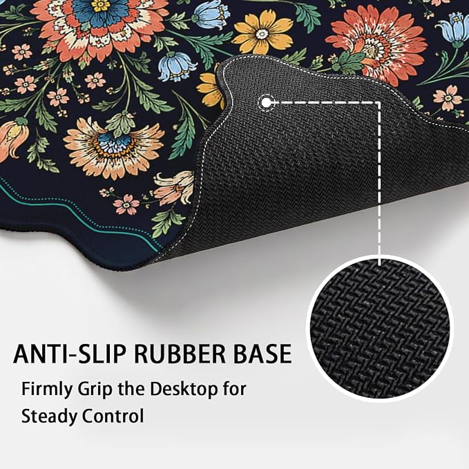 Floral Scalloped Mouse Pad Teal Peach Botanical Blue Wildflowers XL Mouse Pad Large Mousepad Extended Laptop Keyboard Mat Gaming Desk Pad Office Computer Keyboard Laptop Home 31.5"x15.7"