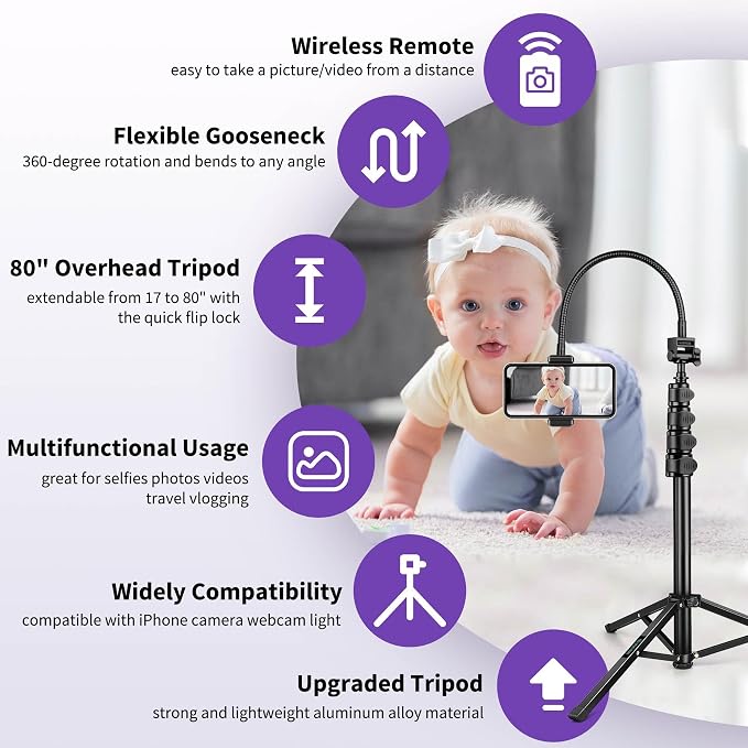 80" Phone Tripod, Selfie Stick, Aluminum Cellphone Tripod Stand | for Video Photo Vlog, Travel Tripods with Gooseneck Remote Phone Holder, Compatible with iPhone Android Smartphone
