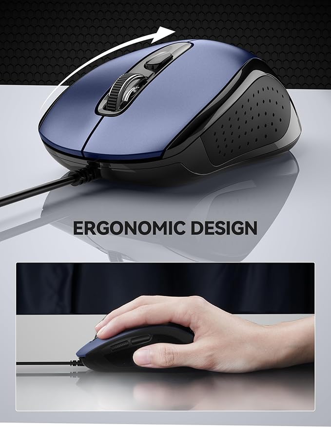 TECKNET USB Wired Mouse, 3600DPI Corded Computer Mouse with 4 Adjustable Levels, 6-Button 5FT Cord Ergonomic Mice, Home and Office Mice for Laptop PC Desktop Notebook - Blue