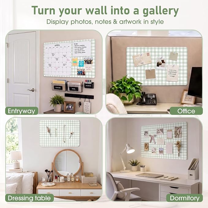 Felt Bulletin Board, 24" x 15.7" Decorative Felt Pin Board, Foldable Photo Display with Pushpins, Wall Vision Cork Boards Alternative for Home Bedroom Office Dorm(Sage Green Plaid)