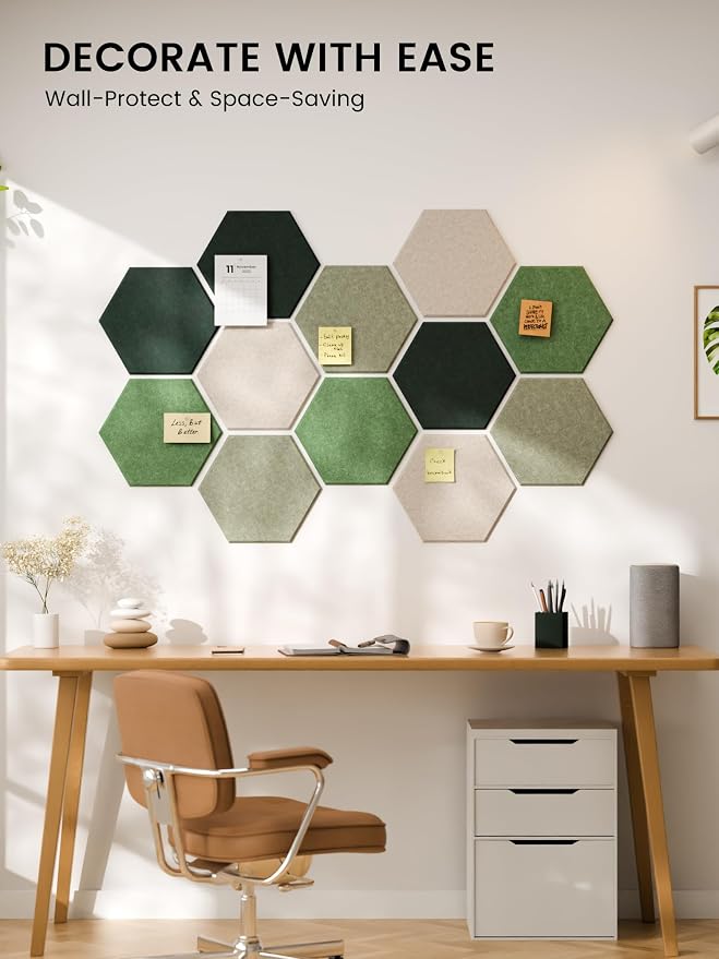 Fluxynara 12-Pack Hexagon Felt Bulletin Board Tiles, Sagewood | Cork Board Alternative with 60 Adhesive Tabs for Notes, Photos and Reminders in Home Offices, Dorm and Classrooms