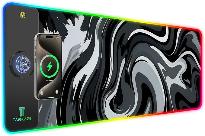 TARKARI Magnetic Wireless Charging RGB Mouse Pad, Large Gaming Desk Mat Waterproof, 31.5"x11.8" Black Mousepad, Ultra-Smooth Surface, Non-Slip Rubber Base, Desk Pad for Keyboard Laptop