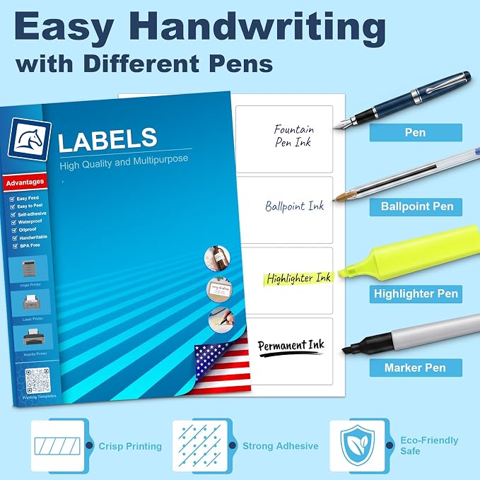 Name Tag Stickers 2 1/3" x 3 3/8", Printable Name Tags for Laser & Inkjet Printers, Product, Packaging, Shipping, Name Tags & Barcode, 800 White Adhesive Stickers (100 Sheets) with Template