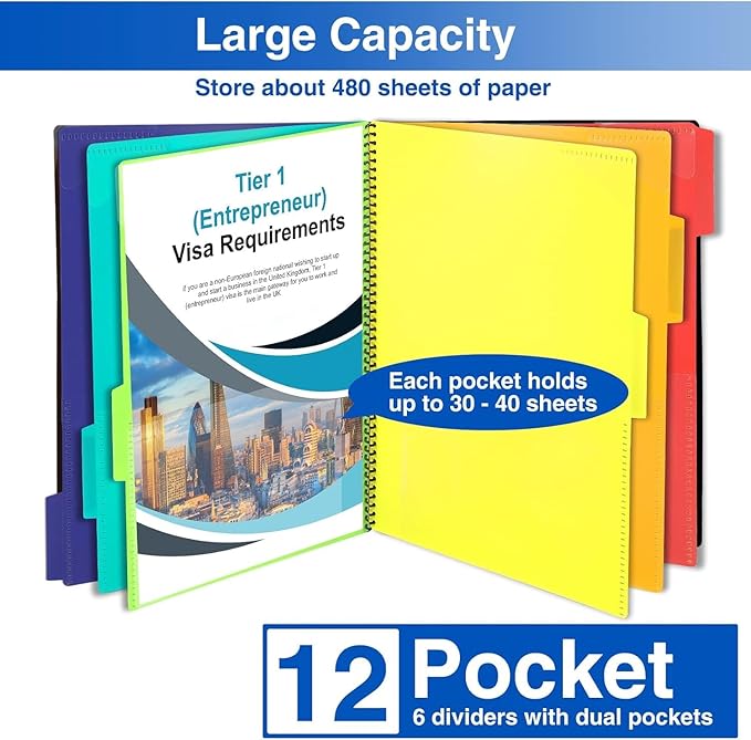 Forvencer 12 Pocket Project Organizer, 1/6-cut Tab Binder Organizer with Sticky Labels, Multi Pocket Folder with Zipper Pouch, Folder Binder Spiral Pocket Notebook, Office Supplies, Antique Green