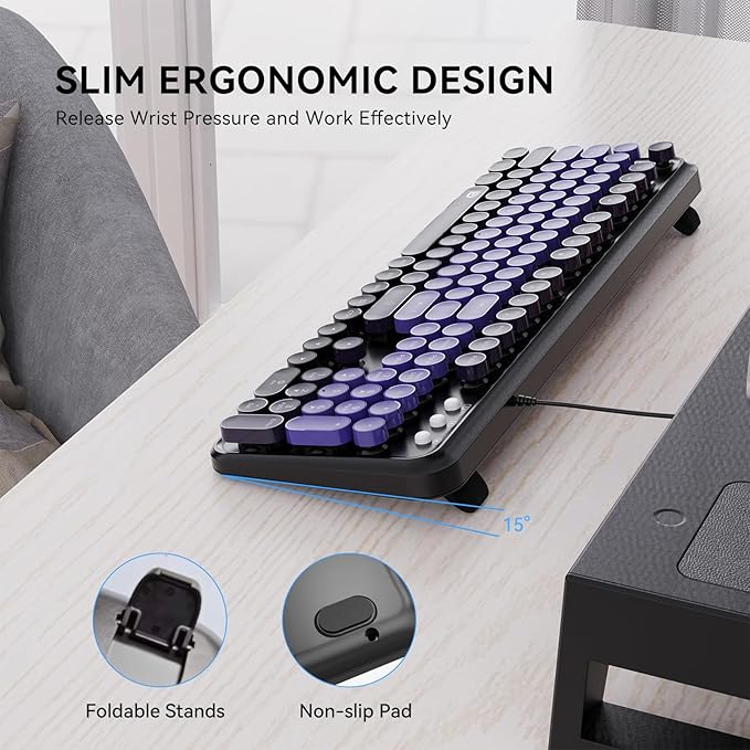 FOPETT 8870P Wired Keyboard and Mouse Combo - Full-Sized Computer Keyboards with 104 Round Keys Retro Typewriter Mouse and Keyboard for PC Windows Desktop Laptop - Purple Colorful