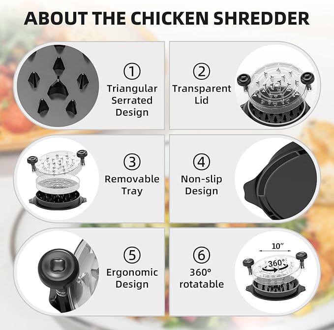 10'' Pro Visible Chichen Shredder Tool Twist Large, BPA Free Handheld Meat Shredder with Removable Middle Tray, Anti-Slip Silicone Strip Shredder for Chicken Beef Breast Pork (Black)