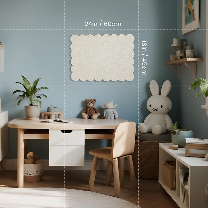 Scalloped Bulletin Board 24x18 inches, Decorative Felt Pin Board for Wall | Cute Cork Board Alternative with Push Pins, Foldable Display Vision Board for Photos, Notes & Reminders