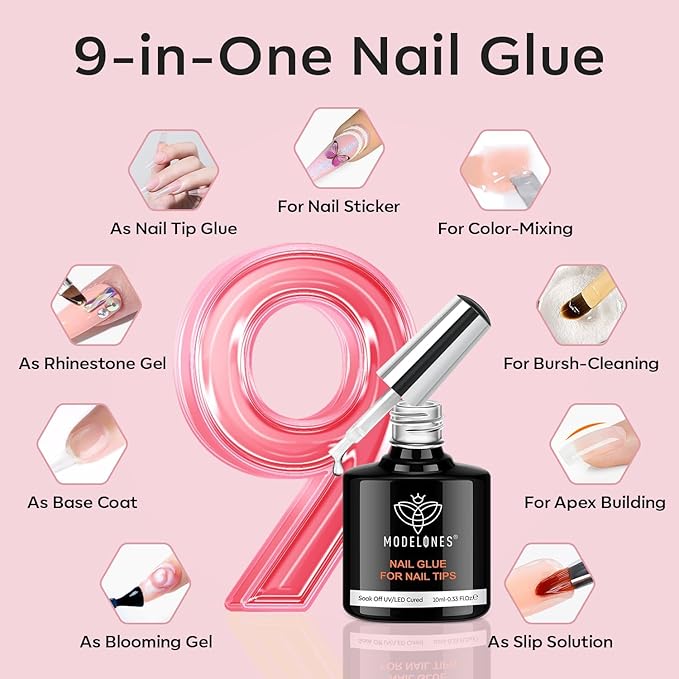 modelones X Nail Gel Kit Kit Long Coffin, 9-in-One Nail Glue with Portable U V Lamp 216Pcs 12Sizes Pre-Etched Press ons Fake Acrylic Extension Kit DIY Salon Gift for Women