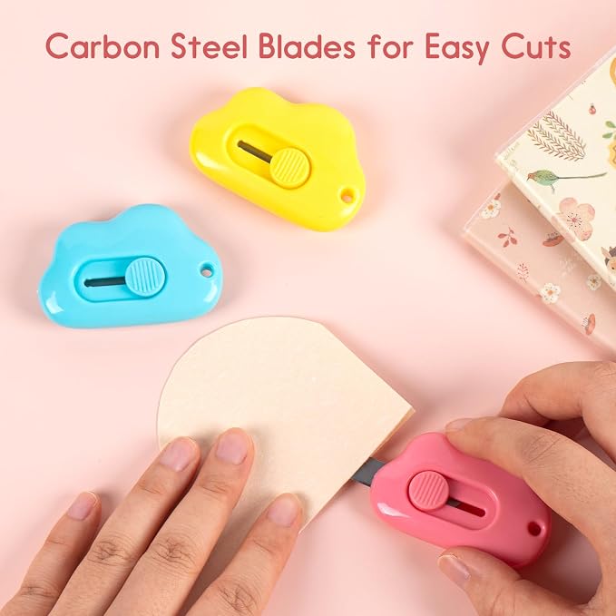 Cloud Box Cutter Retractable, 6Pcs Mini Utility Knife Letter Opener Envelope Slitter, Small Package Opener Paper Cutters with Keychain Hole for Office Home School Stationery DIY Crafts Rainbow Color