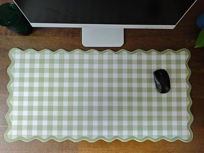Scalloped‌ Green Checkered Desk Mat Cute Pastel Large Gaming Mouse Pad Gingham Kawaii Cottagecore ‌Vintage‌ Girly Keyboard Computer Mat Aesthetic Desk Pad Accessories Office Decor for Women