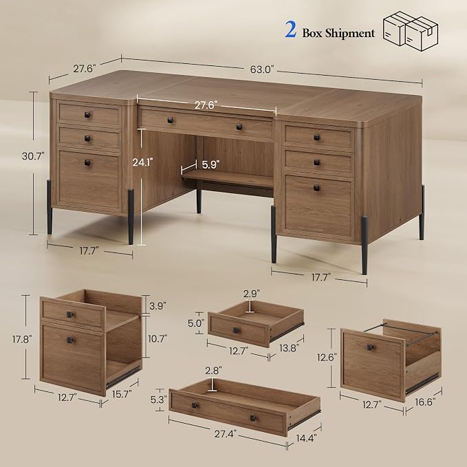 63" W x 27.6" D Executive Desk with 2 Cabinets & 6 Drawers, Farmhouse Home Office Desks with Keyboard Tray, Large Boss Desk with Privacy Panel, Modern Table with Open Shelf and File Drawer
