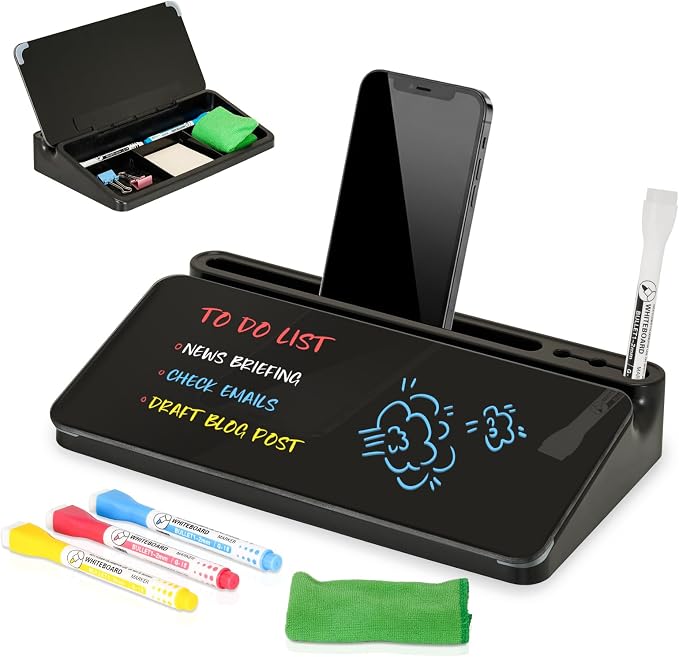 DOLLAR BOSS 12"x7" Small Glass Desktop Whiteboard, All Black | Dry Erase Board with Storage Drawer, Computer Keyboard Stand, Desk Organizer, Office Accessories, School Supplies