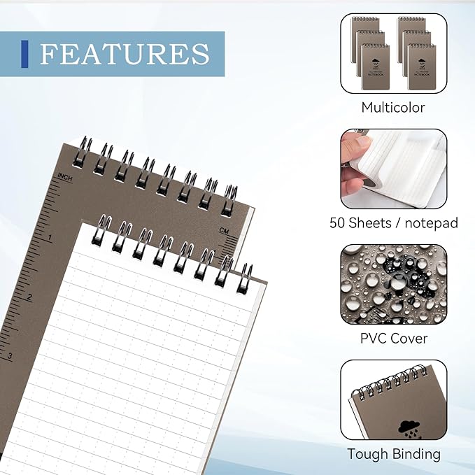 6 Pack Waterproof Notebook, 3 x 5 Pocket Notepad, Top-Spiral Weatherproof NotePad, All Weather Police Pocket Notebook Little Memo Steno Note Pads for Outdoor Office School Recording, Brown