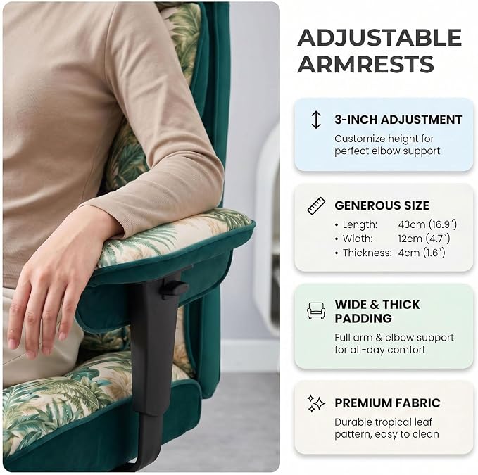 Efomao Watercolor Fabric Executive Office Chair Home Foot Rest, Green | Soft Breathable Computer Desk Seat, Plush Comfy Cushion, Aesthetic Pastel Floral Patterns for Studio Vanity Cozy Setup
