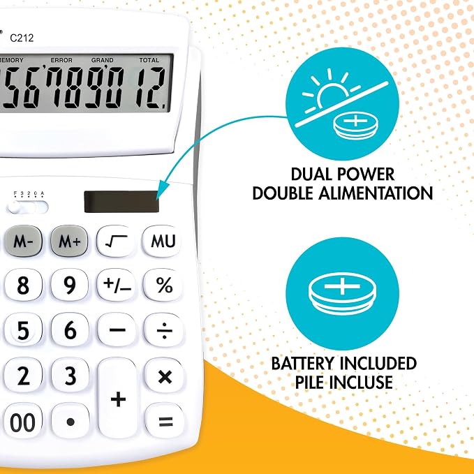 Lexibook, 12 Digit Folding Calculator C212 | Large keys, screen, solar & battery powered